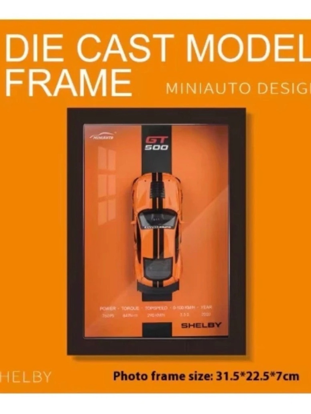 Shelby GT 500 die-cast model car frame Orange & Black NWT